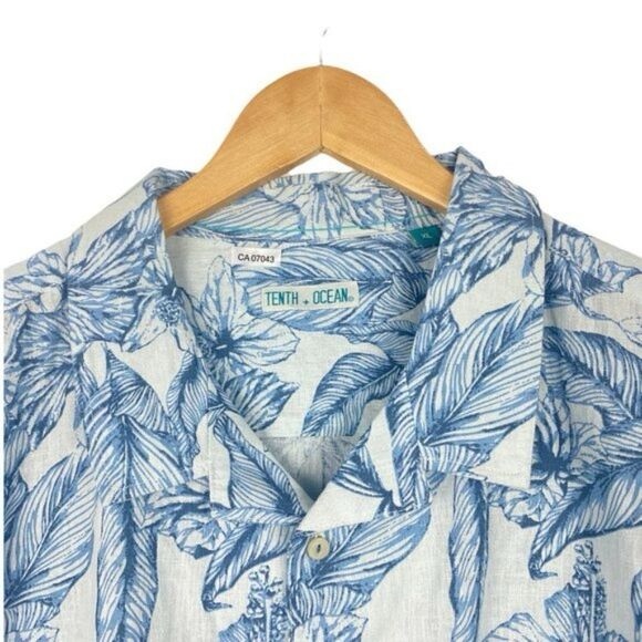 TENTH  Ocean Mens Blue White Floral Linen Blend Button Up Shirt  US XL - Picture 3 of 6